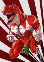 3_fingers 3_toes abs anthro bodily_fluids clothing dinosaur extinct feet fingers hi_res iudicium86 male mighty_morphin_power_rangers muscular nipples open_mouth power_rangers prehistoric_species red_ranger reptile saliva scalie solo theropod thong toes tyrannosaurid tyrannosauroid tyrannosaurus tyrannosaurus_rex underwear