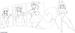 2019 anthro big_breasts breast_expansion breasts canid canine clothing dress female fox hair hi_res holding_breast human human_to_anthro long_hair mammal monochrome navel nipples nude open_mouth pussy sequence simple_background snout solo species_transformation standing surprise tail_growth tgwonder thick_thighs transformation white_background