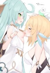 2girls aqua_eyes aqua_hair blonde_hair blush breasts breasts_out closed_eyes dress erect_nipples faruzan_(genshin_impact) female female_only genshin_impact licking_nipples lumine_(genshin_impact) nipples saliva small_breasts tongue tongue_out twintails yuri