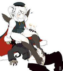 1boy anger_vein bird_feet blush bottomless clothed_sex dubious_consent facesitting female footjob funamusea gray_eyes greif_(funamusea) lowrie nsfyosu slit_pupils spoken_heart the_gray_garden white_hair wings