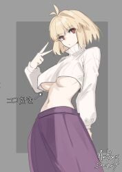 absurdres arcueid_brunestud arm_up blonde_hair breasts cowboy_shot crop_top english_text highres jonyeld large_breasts long_skirt looking_at_viewer narrow_waist navel out_of_frame purple_skirt red_eyes simple_background skirt standing sweater tsukihime turtleneck turtleneck_sweater type-moon underboob v vampire