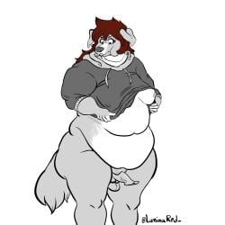 anthro ass belly big_belly big_butt big_moobs canid canine canis clothed clothing domestic_dog femboy fupa genitals hair hi_res hoodie ineffective_clothing long_hair luminared male mammal moobs obese overweight overweight_male penis skimpy small_clothing solo thick_thighs topwear wide_hips