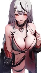1girls belly_button blush breasts cleavage female female_only grey_hair hair_between_breasts hair_ornament hololive hololive_japan holox huge_breasts light-skinned_female light_skin mikaku red_eyes sakamata_chloe simple_background solo virtual_youtuber white_background