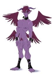 4_wings azazel_(slb) balls bracelet collar demon facial_piercing feathered_wings feathers hair hi_res horn humanoid jewelry lip_piercing lip_ring male male_only multi_wing orange_sclera original original_character penis piercing pointy_ears pubes purple_hair purple_skin simple_background slb solo standing white_background wings