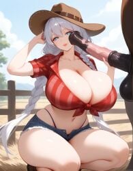 ai_generated big_breasts big_penis blue_eyes boots braided_hair braided_twintails cleavage cowboy_hat farm farmgirl grabbing_own_hair holding_own_hair holding_penis honkai_(series) honkai_impact_3rd horse horsecock huge_breasts interspecies kiana_kaslana knees_bent large_breasts looking_at_viewer mihoyo penis penis_against_face penis_touching_face squatting sweat sweatdrop thick thick_legs thick_thighs thong tied_shirt white_hair zoophilia