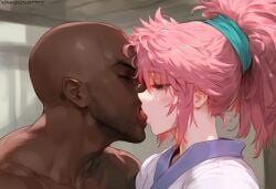 1girls ai_generated bald breasts dark-skinned_male female french_kiss human hunter_x_hunter interracial kissing long_hair machi_komacine nakatori pale-skinned_female pale_skin phantom_troupe pink_hair shounen_jump villainess