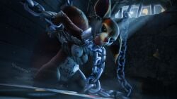 3d_(artwork) ano_delta anthro apple_in_mouth bondage bound breasts chained chains digital_media_(artwork) dota female genitals hi_res hoodwink_(dota) kneeling low-angle_view mammal night prison_cell pussy rodent sciurid solo tree_squirrel writing_on_belly