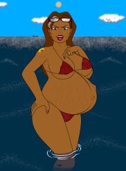 1girls areola_slip areolae beauty_mark belly big_belly bikini breasts brown_hair dark-skinned_female dark_skin female fetal_movement mature_female milf ninshinobi nipple_bulge outie_navel pregnant stretch_marks water