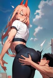 1boy 1girls ai_generated ass_focus ass_worship asslicking big_ass bubble_butt chainsaw_man eating_ass face_in_ass facesitting female girl huge_ass huge_thighs licking_butt power_(chainsaw_man) thick_thighs wide_hips wolfiazin960(artist)