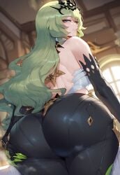 absurd_res ai_generated ass_focus ass_grab ass_support back_view exposed_back honkai_(series) honkai_impact_3rd huge_ass liu_(artist) looking_at_viewer looking_back mobius_(honkai_impact) shiny_clothes smile solo solo_female sparkles tight_clothing