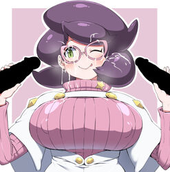 1girls 2boys aether_foundation alternate_breast_size big_hair big_penis blush breasts busty censored clothed clothed_female_nude_male cum cum_on_breasts cum_on_clothes cum_on_face cum_on_glasses cum_on_hair erect_nipples erection eyelashes facial female glasses green_eyes handjob holding huge_breasts human looking_away male nintendo nipple_bulge nipples_visible_through_clothing one_eye_closed penis pink_background pink_glasses pokemon pokemon_sm purple_hair shirt short_hair smile straight sweater torathi white_border wicke_(pokemon)