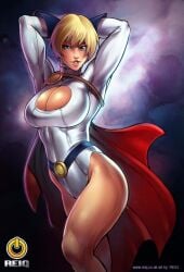 1girls 2d 2d_(artwork) arms_behind_head arms_up big_breasts blonde_female blonde_hair blonde_hair_female blue_eyes boob_window cape cleavage cleavage_cutout curvy dc dc_comics female female_only heroine huge_breasts justice_league kara_zor-l karen_starr large_breasts leotard light-skinned_female long_sleeves looking_back pinup pose power_girl red_cape reiq short_hair solo solo_female standing superheroine superman_(series) v-cut voluptuous_female white_clothing white_leotard year_request