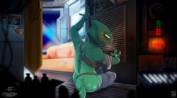 2019 anthro ass chameleon clothed clothing detailed_background erection flap-necked_chameleon hi_res holding_object leon_powalski lizard lonelycharart male male_only nintendo reptile scalie sitting solo space star_fox tools video_games wrench