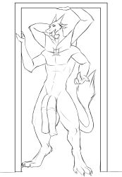 1boy absurd_res anthro artist_request diphallia diphallism gemini_the_sergal genitals hi_res looking_at_viewer male male_focus male_only monochrome multi_arm multi_genitalia multi_limb multi_pec multi_penis nude penis penis_tongue solo solo_focus triphallia