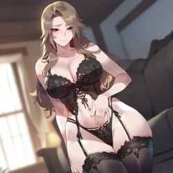 absurd_res ai_generated black_lace black_lace_panties blush corset_bra embarassed garter_straps granblue_fantasy hand_on_belly highleg_panties katalina_(granblue_fantasy) lingerie liu_(artist) shy solo solo_female standing stockings