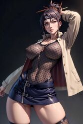 1girls ai_generated busty fishnet_leotard kunoichi miniskirt mitarashi_anko naruto_(classic) purple_hair trenchcoat