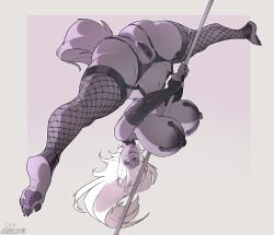 anthro anus ass biped breasts canid canine casloafy clothed clothing dancing female fishnet_clothing fishnet_legwear flexible garter_belt garter_straps genitals hi_res legwear mammal maria_(casloafy) pole pole_dancing pussy splits spread_legs spreading stripper_pole thick_thighs upside-down