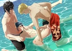 3boys abs anal anal_penetration anal_sex atlus beach black_hair blonde_hair blue_hair blush brown_eyes cum cum_in_ass cum_while_penetrated cumdrip ejaculation erect_nipples erection fellatio gay grin group_sex happy_sex legs_held_open lying megami_tensei multiple_boys naughty_face nipples ocean on_back one_eye_closed oral oral_sex orgasm outdoors penetration penis persona persona_5 public receiving_on_back red_eyes ren_amamiya ryuji_sakamoto sex shin_megami_tensei shorts_around_one_leg smile spitroast spread_legs sucking swimming_pool swimwear testicles threesome thrusting_into_ass topless uncensored vhazz water wet yaoi yuuki_mishima