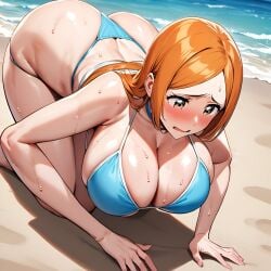 1girls ai_generated ass beach bikini bleach breasts cleavage female female_focus female_only full_body inoue_orihime large_breasts lying_down mommy sagging_breasts seductive seductive_look sweat sweating sweaty withoutgod