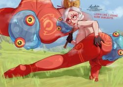 1girls background bare_arms bare_breasts bare_shoulders big_ass big_breasts big_butt chuchu color colored doktor_malefic female female_focus female_only glasses lips lipstick looking_at_viewer looking_back medium_hair monster nintendo nipples pants purah purah_(tears_of_the_kingdom) pussy red_eyes red_lipstick shaded slime slime_monster tears_of_the_kingdom text the_legend_of_zelda thick_thighs tied_hair tight_clothing topless white_hair