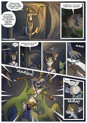 adventurer ambush anthro anus ass assisted_exposure attack balls barefoot big_butt blue_clothing bottomwear claws clothed clothing club_(weapon) comic covering covering_self defeat defeated dialogue disarmed dominant dungeon fantasy feet fight fish forced forced_exposure front_view genitals gloves green_body grey_body group hair handwear hi_res imminent_anal imminent_rape imminent_sex instant_loss_2koma kobold lying male male/male marine melee_weapon on_back open_mouth overconfident penis rear_view scalie scared shark side_view speech_bubble surprised surprised_face sword tail text thecumrat torch underwear undressing_another warrior weapon white_body yellow_eyes