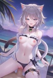 1boy absurdres alternate_costume animal_ear_fluff animal_ear_piercing animal_ears bikini bikini_bottom_only bikini_top_lift black_bikini black_choker blue_eyes blush bow breasts cat_ears cat_girl cat_tail cc_lin censored censored_penis censored_pussy choker cipher_(honkai:_star_rail) clothes_lift collarbone commentary cowgirl_position erection evening female fingernails grey_hair hairbow hashtag-only_commentary highres honkai:_star_rail honkai_(series) jewelry long_fingernails looking_at_viewer medium_breasts medium_hair mosaic_censoring nail_polish navel necklace nipples ocean open_mouth outdoors paid_reward_available penis pov pussy sex smile stomach straddling straight swimsuit tail thigh_strap vaginal_penetration variant_set white_bow yellow_nails