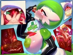 1boy 1girls aliva areolae balls big_balls big_breasts big_penis blonde_hair breasts completely_nude completely_nude_male gardevoir giantess light-skinned_male light_skin nude nude_male open_mouth penis pokemon red_eyes tagme theboogie tongue vore