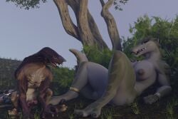 3:2 3d_(artwork) animal_genitalia anthro anthro_on_feral aroused balls big_breasts big_penis black_body blue_eyes breasts claws crocodilian cthulhu_mythos digital_media_(artwork) duo erection female female_on_feral feral flauntingfornication genitals grass green_body h._p._lovecraft hi_res hound_of_tindalos jewelry kroxigor kroxigor_(vulgarvictor) larger_anthro larger_female licking licking_lips looking_at_another looking_at_genitalia male male/female nipples nude obscured_genitals outside penis plant reptile scalie seductive sex sheath size_difference smaller_feral smaller_male smile smiling_at_another spread_legs spreading tail teeth throbbing throbbing_penis tongue tongue_out touching_chest tree zoophilia