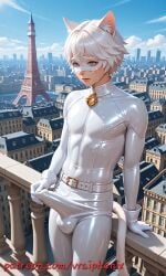 1boy adrien_agreste ai_generated blue_eyes bulge bulge_through_clothing cat_blanc erection erection_under_clothes male male_focus male_only miraculous:_tales_of_ladybug_and_cat_noir miraculous_ladybug penis touching_penis vraiphenix white_hair