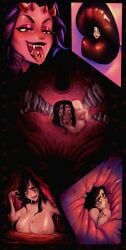 2girls anus areolae big_breasts black_hair breasts completely_nude completely_nude_female demon green_eyes light-skinned_female light_skin nude nude_female onkinky open_mouth open_mouth saliva tagme tongue tongue_out vore