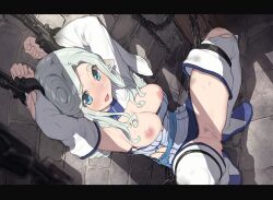 blue_eyes blush bondage bound breasts bruise chained chains cuffs elf female large_breasts letterboxed long_hair nipples open_mouth pointy_ears pussy pussy_juice shackles silver_hair solo squatting thighhighs torn_clothes torn_legwear
