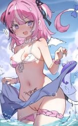 bangs bare_shoulders bikini bikini_top blush breasts camila_(vtuber) choker cloud collarbone day demon_tail eyebrows_visible_through_hair female front-tie_top groin hair_between_eyes lifted_by_self long_hair looking_at_viewer medium_breasts navel nipples oerba_yun_fang open_mouth outdoors pink_hair pointy_ears pubic_tattoo purple_eyes pussy ribbon sarong sky small_breasts solo standing stomach swimsuit tail tattoo two_side_up virtual_youtuber wading wardrobe_malfunction water white_bikini wings