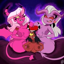 2022 3girls ass bed_sheet black_hair breasts demon dncsamsonart earrings erect_nipples fangs glasses hairband helluva_boss horns imp long_hair mayberry_(helluva_boss) multiple_girls nipples nude one_eye_closed open_mouth pink_eyes pink_hair pink_skin pointy_ears purple_background purple_skin red_eyes red_nipples red_skin sallie_may_(helluva_boss) smothering succubus tail tattoo tongue verosika_mayday_(helluva_boss) vivienne_medrano white_hair wings yellow_eyes yuri