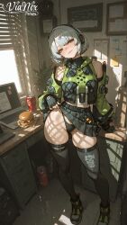 1girls female female_only female_focus anby_demara zenless_zone_zero mihoyo mihoyo_technology_(shanghai)_co._ltd. hoyoverse white_hair orange_eyes looking_at_viewer smile smiling_at_viewer thighhighs stockings black_stockings detached_sleeves choker short_hair vianox ai_generated ai_assisted ai ai_art ai-created hi_res highres high_resolution high_quality 2d wet wet_body wet_skin wet_clothes wet_clothing wet_hair shiny_skin shiny shiny_hair shiny_clothes shiny_body sweat sweatdrop sweating sweaty sweaty_body oiled oiled_skin oiled_body oil oily oily_skin solo solo_focus solo_female green_sleeves absurd_res headgear headphones 1girl standing teasing thick_thighs thighs thick_ass thick thick_legs thick_hips skirt skirt_up thigh_strap navel belly belly_button cameltoe pussy_peek panties black_panties skirt_lift skirt_pull legs_together