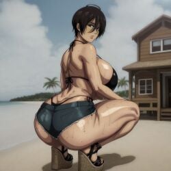 ai_generated attack_on_titan beach bikini black_hair breasts denim_shorts female huge_breasts huge_thighs iwao178_(ai_style) massive_ass massive_breasts mikasa_ackerman outdoors thong wedge_heels