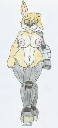 beige_body beige_fur beige_hair big_breasts big_hips breasts bunnie_rabbot cyborg_girl eyeshadow female green_eyes marlon64 mechanical_arm mechanical_legs mobian_(species) mobian_rabbit naked_female prosthetic_arm prosthetic_legs prosthetic_limbs short_hair smiling_at_viewer solo_female sonic_satam traditional_drawing_(artwork) walking_towards_viewer white_background