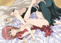 2girls aoi_nagisa ass blush breasts clothed dress female fingering functionally_nude hanazono_shizuma long_hair masturbation multiple_girls open_mouth red_hair strawberry_panic! white_hair yuri