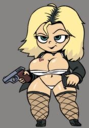 2d black_jacket black_nail black_nails black_shoes black_striped_hair blonde_female blonde_hair blonde_hair_female breasts breasts_focus chucky_series eyelashes female fishnet fishnet_clothing fishnet_legwear fishnet_stockings fishnets heart heart_on_breast heart_symbol heart_tattoo holding_gun holding_object holding_pistol holding_weapon light_skin light_skin_female light_skinned light_skinned_female pistol pistol_in_hand shortstack shortstack_female small teal_eyes teal_eyes_female tiffany_valentine-ray white_panties
