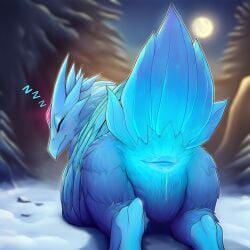 1girls ai_generated animal_genitalia anivia ass ass_focus avian beak bird blue_body blush bodily_fluids cloaca cloaca_juice closed_eyes closed_mouth elemental_creature female feral forehead_gem forehead_jewel full_moon genitals ice league_of_legends riot_games sleeping solo solo_female tail wings