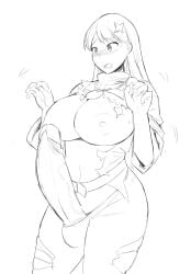 1futa accidental_exposure areolae auronaito ball_bulge balls balls_under_clothes big_breasts big_penis blush breasts erect_penis erection futa_only futanari huge_cock intersex light-skinned_futa light_skin monochrome nipples penis ripped_clothing sketch solo testicles torn_clothes wardrobe_malfunction white_background