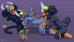 16:9 anal anthro armpit_tuft ba-boom ba-boom_(donkey_kong) baboon bodily_fluids cum delicatessen donkey_kong_(series) feet genital_fluids genitals group group_sex haplorhine male male/male mammal monkey nintendo old_world_monkey oral orgasm penis primate raised_tail rimming sex tail threesome trio widescreen