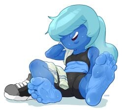 bangs_over_eyes blue_hair blue_skin clothed foot_fetish foot_focus fully_clothed gem_(species) gym_clothes long_hair ponytail pov sapphire_(steven_universe) shoes_only shorts socks sports_bra staerk steven_universe sweat sweaty_body sweaty_feet tanline wiping_sweat