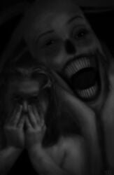 antlers apparition creature creepy creepy_face creepy_smile deer eye_bags glare glaring glaring_at_viewer hallucination hands_on_face hands_over_face horror horror_(theme) human large_female larger_female long_antlers long_ears long_hair looking_at_viewer m4n mammal monster nightmare_fuel portrait scary scary_face schizophrenia size_difference small_male smaller_male smile smiling_at_viewer the_deer_(m4n) uncanny_valley uneven_eyes