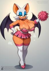 ai_generated animal_ears animal_nose artist_name bare_shoulders blush breasts cheerleader cleavage collarbone cosplay cumsonics elbow_gloves female full_body furry furry_female gloves hand_on_hip high_heels large_breasts long_hair looking_at_viewer metadata_request miniskirt model_request non-web_source patreon_username rouge_the_bat rouge_the_bat_(cosplay) short_hair simple_background skirt smile solo sonic_(series) sonic_the_hedgehog standing tail thick_thighs thighhighs thighs twitter_username underwear watermark web_address white_gloves white_legwear wings