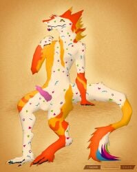 absurd_res balls blush bodily_fluids claws fur genitals hi_res male mammal nude pawpads paws penis sergal shy solo tail vaalravn