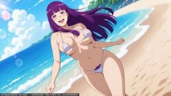 16:9_aspect_ratio :d ai-created ai-generated ai_generated areola_slip areolae bangs bare_arms beach bikini blue_sky blunt_bangs blunt_ends blush breasts clavicle clothing cloud colored_pubic_hair cut_bangs day female female_pubic_hair fern_(sousou_no_frieren) gluteal_fold high_resolution highleg highleg_bikini highleg_swimsuit large_breasts long_hair looking_at_viewer micro_bikini navel ocean open-mouth_smile open_mouth outdoors palm_tree pubic_hair pubic_hair_peek purple_eyes purple_hair purple_pupils sand shore skindentation sky smile solo stomach straight_hair string_bikini swimsuit teeth thigh_gap thighs tree underboob upper_teeth upper_teeth_only walking wardrobe_malfunction water white_bikini white_swimsuit wodstudio