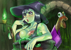 1girls banjo-kazooie bimbo black_hair bob_cut bored breasts busty cleavage colored_skin dingpot eyeshadow female female_only game_over_gruntilda ganguro_(artist) ganguro_(zerodigiporu) green_skin gruntilda gruntilda's_broomstick gruntilda_winkybunion hat highres large_breasts lipstick makeup nipple_slip nipples nose_picking nude rareware red_eyes snot solo voluptuous witch witch_hat