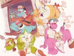 absurd_res anthro anus ass balls blue_body blue_skin blush bodily_fluids breath cake cake_slice clothed clothing cum cum_in_a_cup cum_in_ass cum_in_container cum_inside cum_on_butt cum_on_face cum_on_food cum_on_ground cum_on_tongue cutlery dessert dinosaur disembodied_penis doughnut drive-thru electronics excessive_cum excessive_genital_fluids feet fisherkitu food food_fetish food_play footwear fork genital_fluids genitals green_body green_skin group hat headgear headphones headset headwear hi_res ice_cream jacket kitchen_utensils male male/male mario_bros mario_kart_world multicolored_clothing multicolored_footwear multiple_images musk musk_clouds nintendo one_shoe_on open_mouth pastry penis perineum prehistoric_species presenting presenting_anus presenting_hindquarters reptile scalie shoes sweat tail tally_marks throbbing throbbing_penis tongue tongue_out tools topwear twitching uniform unprofessional_behavior visor yellow_body yellow_skin yoshi yoshi_(food_slinger) yoshi_(soft_server)