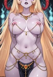 1girls ai_generated belly belly_button blonde blonde_female breasts breasts_out chains darkeffect female female_focus female_only horns light-skinned_female light_skin lips long_hair looking_at_viewer navel nipple_chain nipple_piercing partially_clothed purple_body ribs solo solo_female solo_focus tattoo tattoos