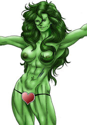 1girls abs armpits avengers big_breasts breasts female female_only garakan_(cum) green_hair green_skin heart_thong hulk_(series) marvel marvel_comics muscular muscular_female navel nipples panties she-hulk solo thong topless